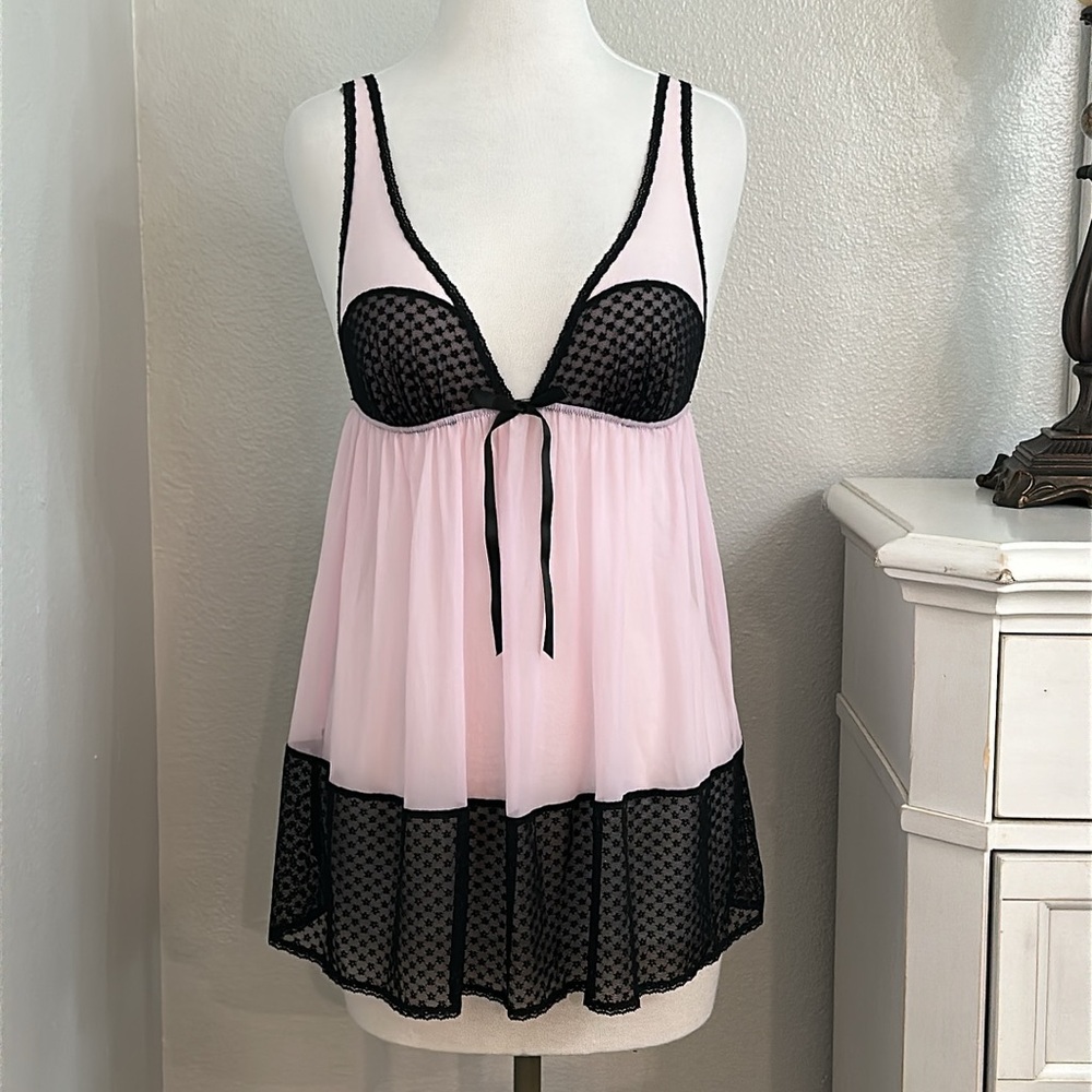 Victoria's Secret Sexy Little Things Sheer Baby Doll Slip Pink Black Size Medium